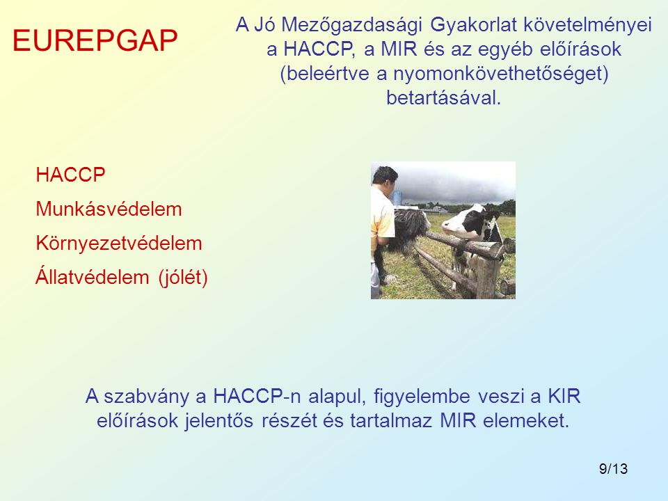 A Jó Mezőgazdasági Gyakorlat követelményei a HACCP, a MIR és az egyéb előírások (beleértve a nyomonkövethetőséget) betartásával.