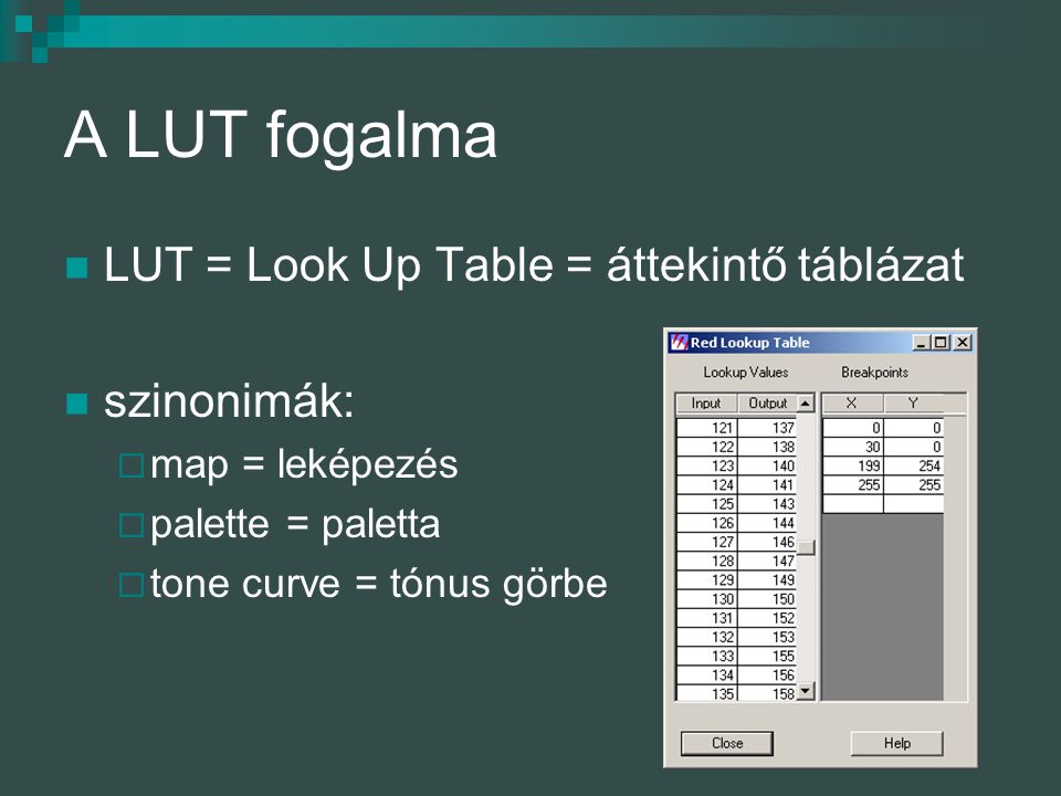 A LUT fogalma LUT = Look Up Table = áttekintő táblázat szinonimák: