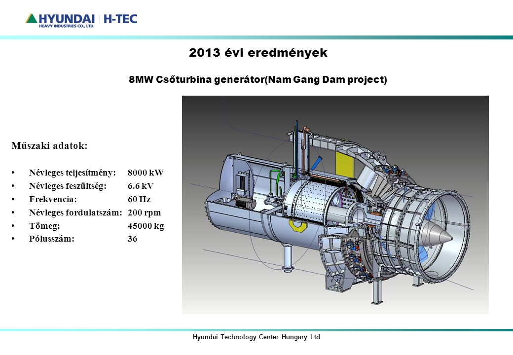 2013 évi eredmények 8MW Csőturbina generátor(Nam Gang Dam project)