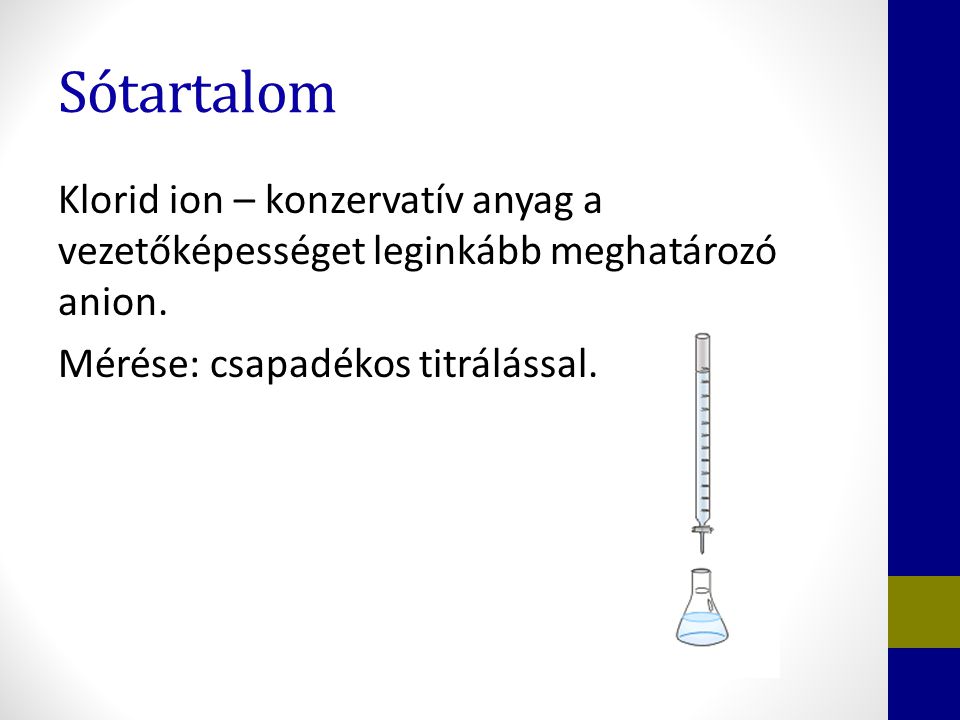 Sótartalom Klorid ion – konzervatív anyag a vezetőképességet leginkább meghatározó anion.
