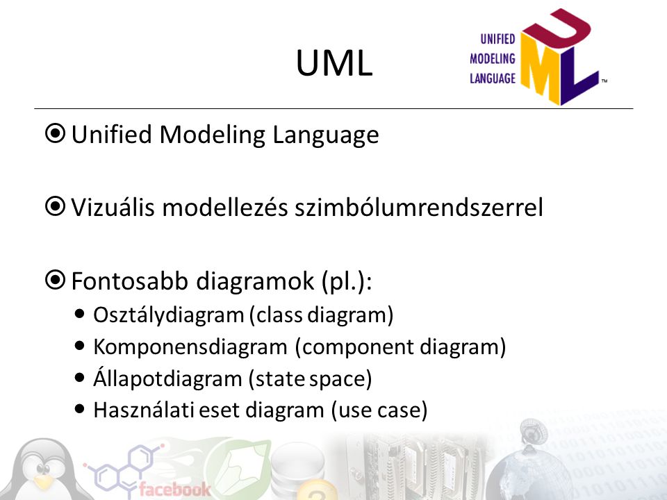 UML Unified Modeling Language Vizuális modellezés szimbólumrendszerrel