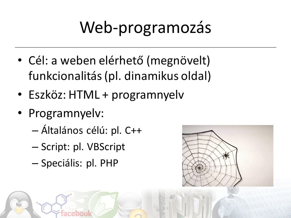 Web-programozás Cél: a weben elérhető (megnövelt) funkcionalitás (pl. dinamikus oldal) Eszköz: HTML + programnyelv.