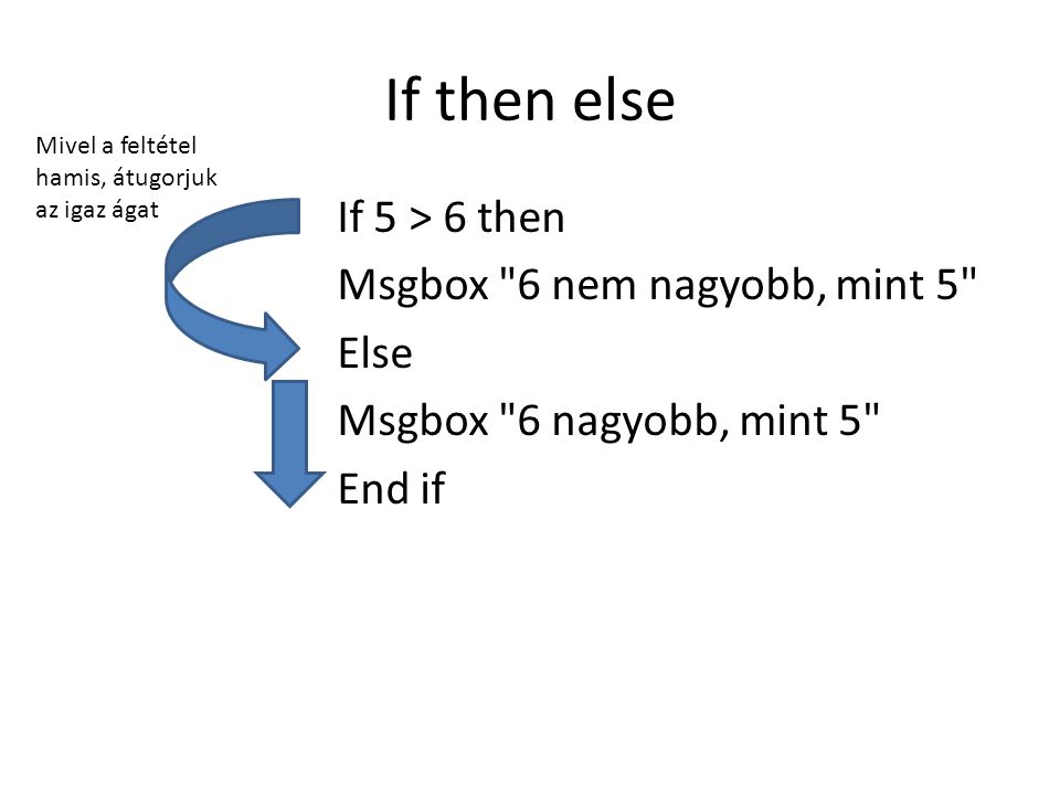 If then else If 5 > 6 then Msgbox 6 nem nagyobb, mint 5 Else
