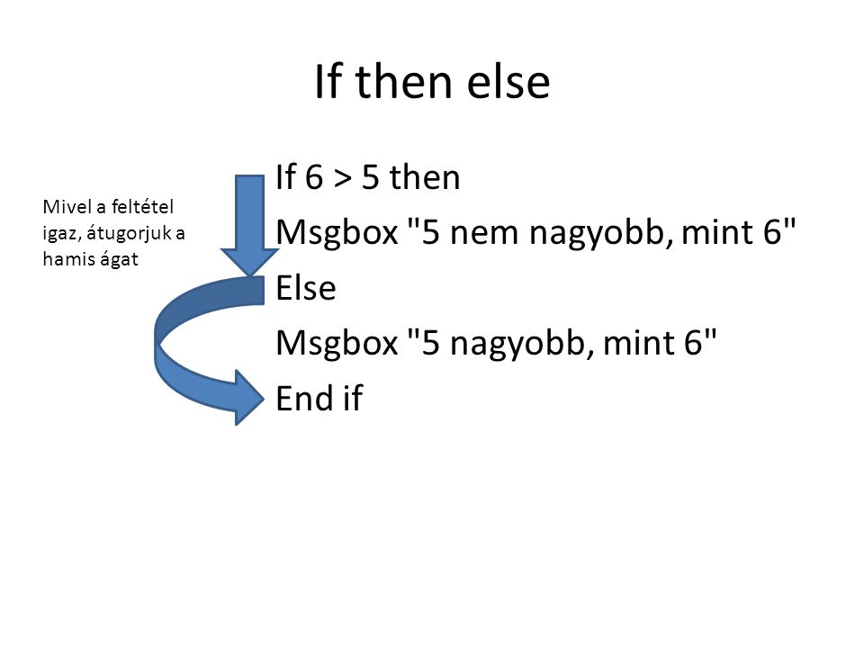 If then else If 6 > 5 then Msgbox 5 nem nagyobb, mint 6 Else