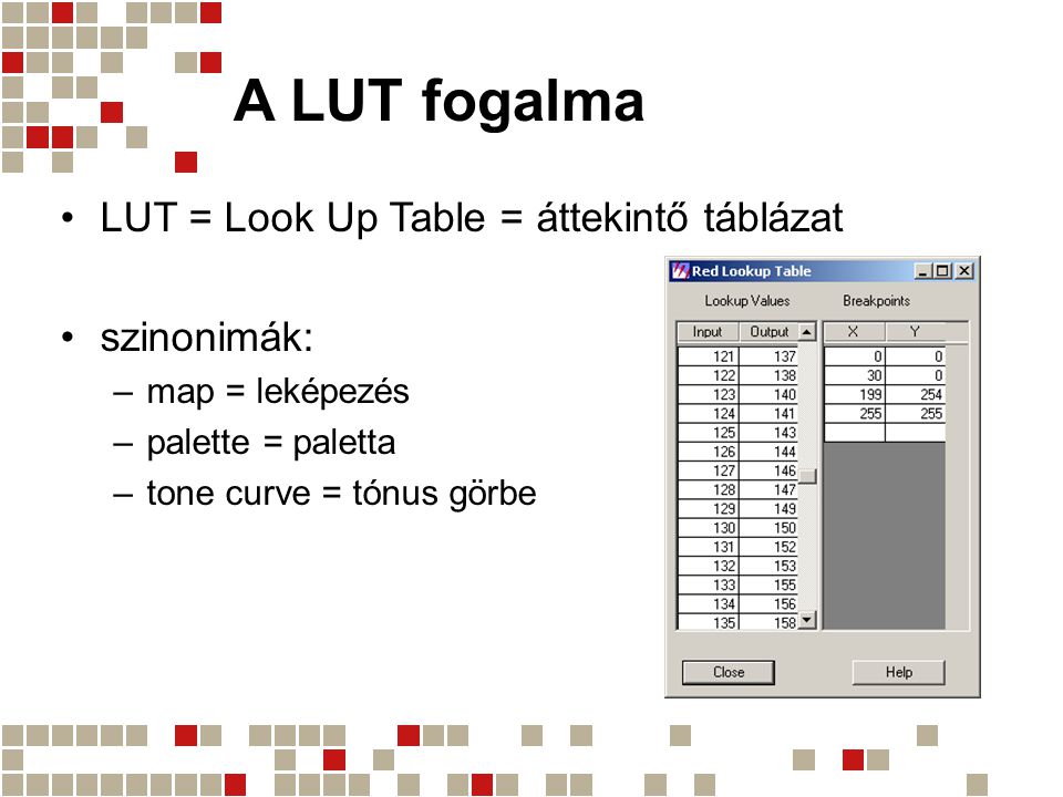 A LUT fogalma LUT = Look Up Table = áttekintő táblázat szinonimák: