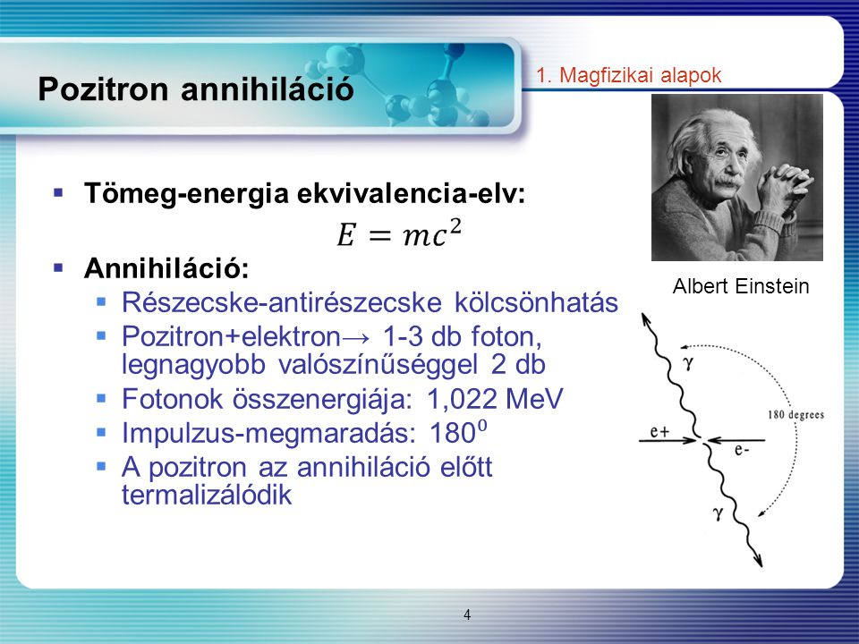 Pozitron annihiláció Tömeg-energia ekvivalencia-elv: Annihiláció: