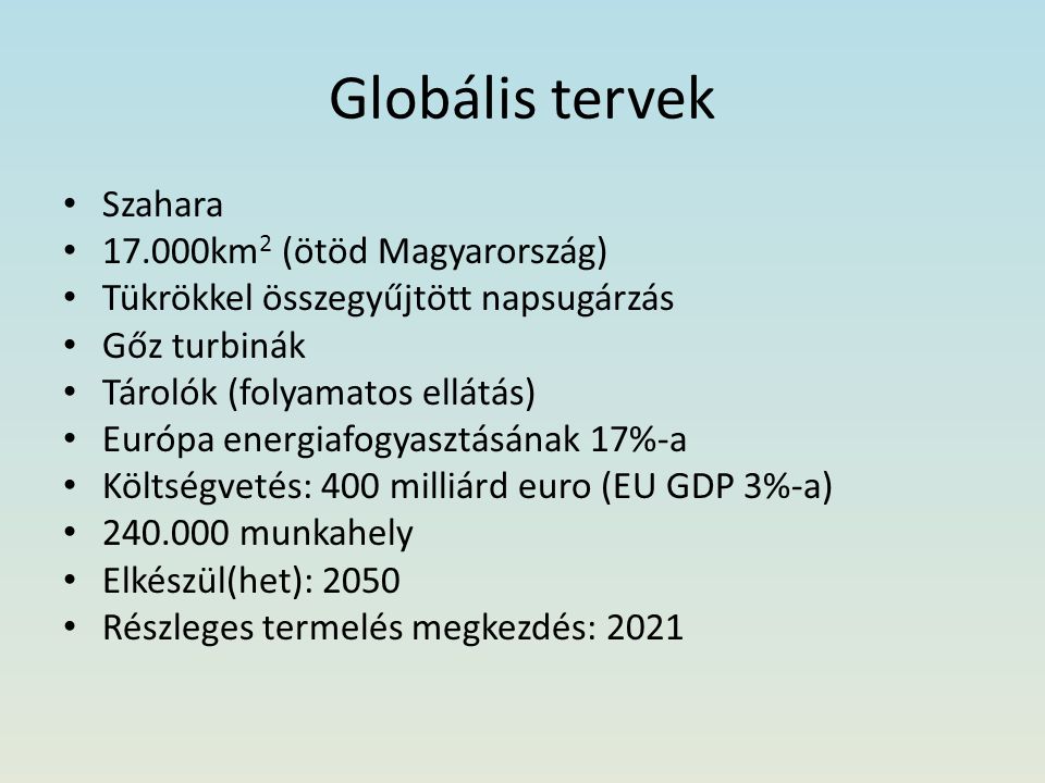 Globális tervek Szahara km2 (ötöd Magyarország)
