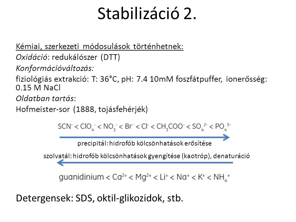 Stabilizáció 2. Detergensek: SDS, oktil-glikozidok, stb.