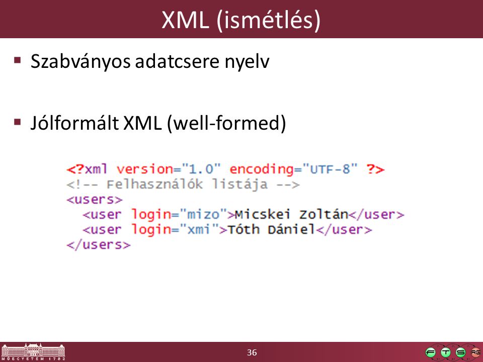 XML (ismétlés) Szabványos adatcsere nyelv Jólformált XML (well-formed)