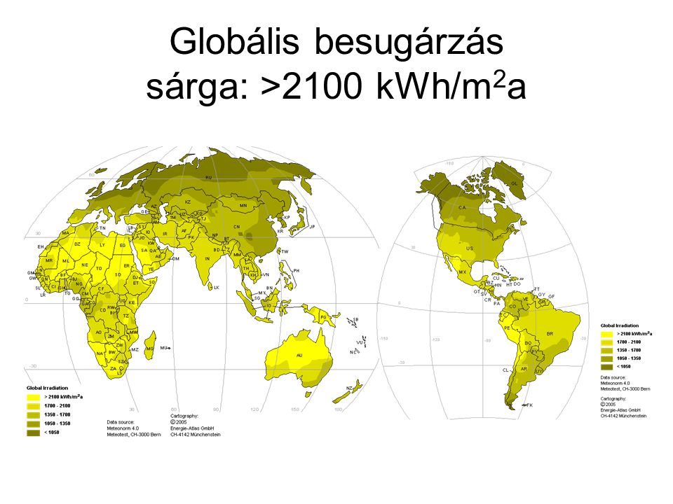 Globális besugárzás sárga: >2100 kWh/m2a