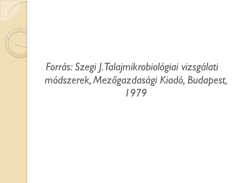 Forrás: Szegi J. Talajmikrobiológiai vizsgálati módszerek, Mezőgazdasági Kiadó, Budapest, 1979