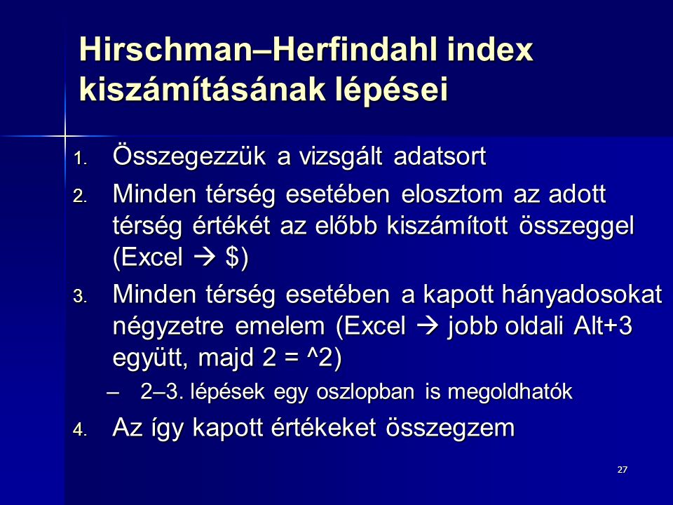 Hirschman–Herfindahl index kiszámításának lépései