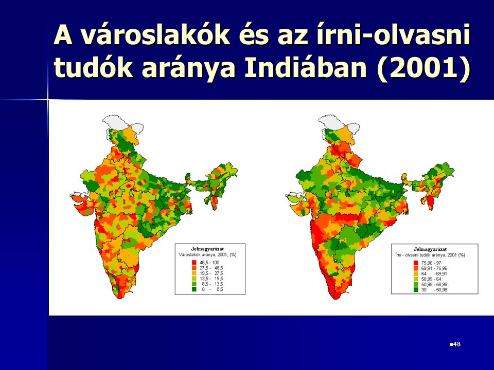 A városlakók és az írni-olvasni tudók aránya Indiában (2001)
