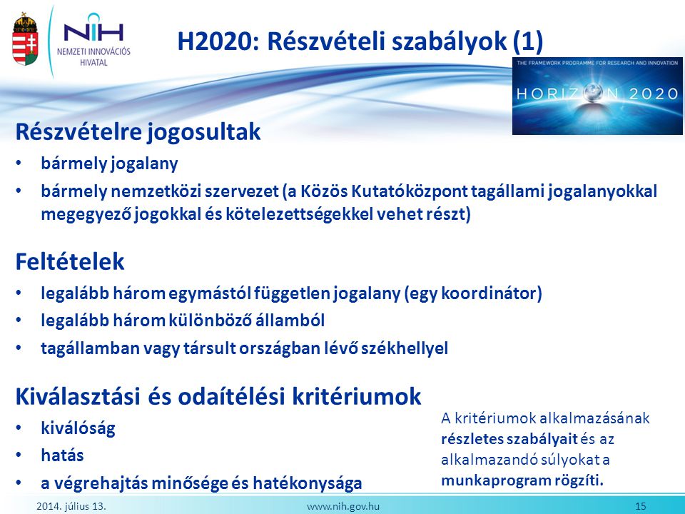 H2020: Részvételi szabályok (1)