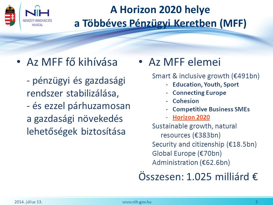 A Horizon 2020 helye a Többéves Pénzügyi Keretben (MFF)