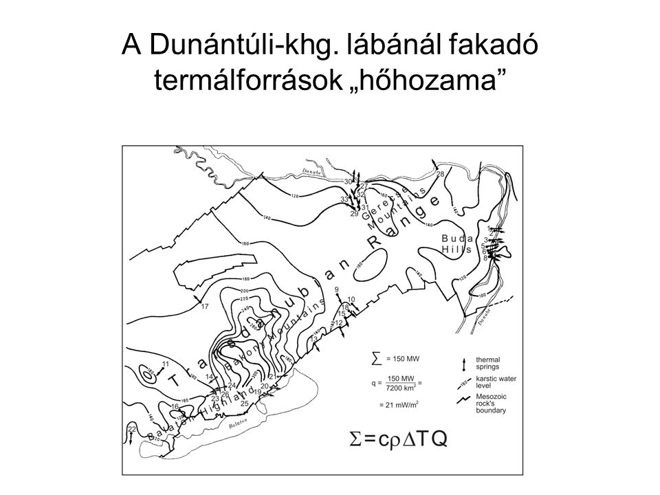 A Dunántúli-khg. lábánál fakadó termálforrások „hőhozama