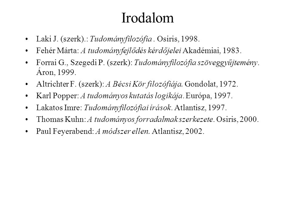 Irodalom Laki J. (szerk).: Tudományfilozófia . Osiris, 1998.