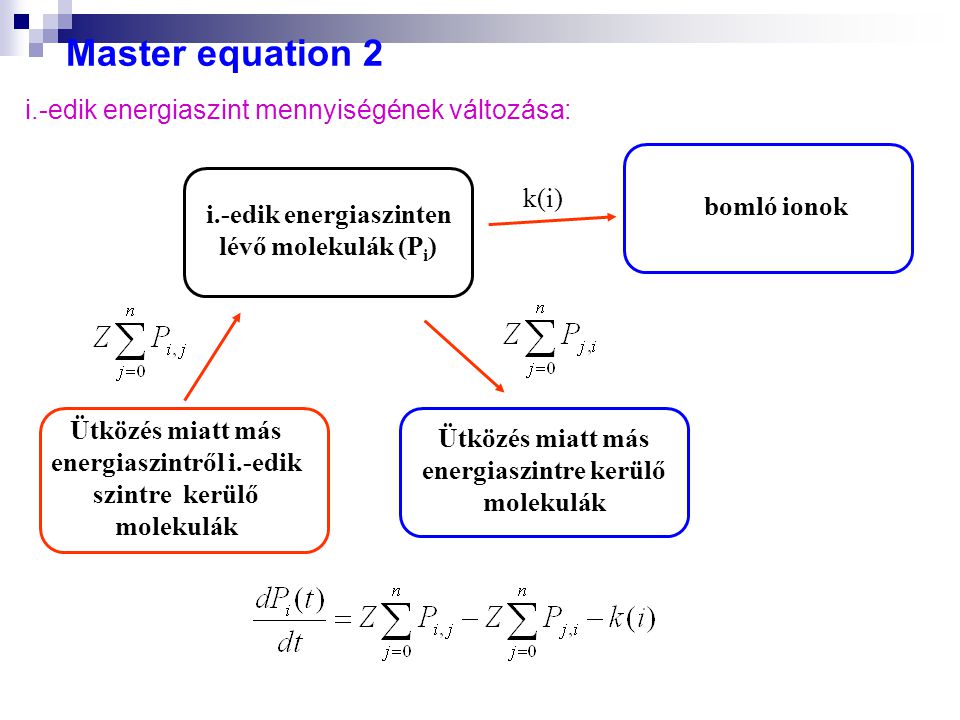 Master equation 2 i.-edik energiaszint mennyiségének változása: k(i)