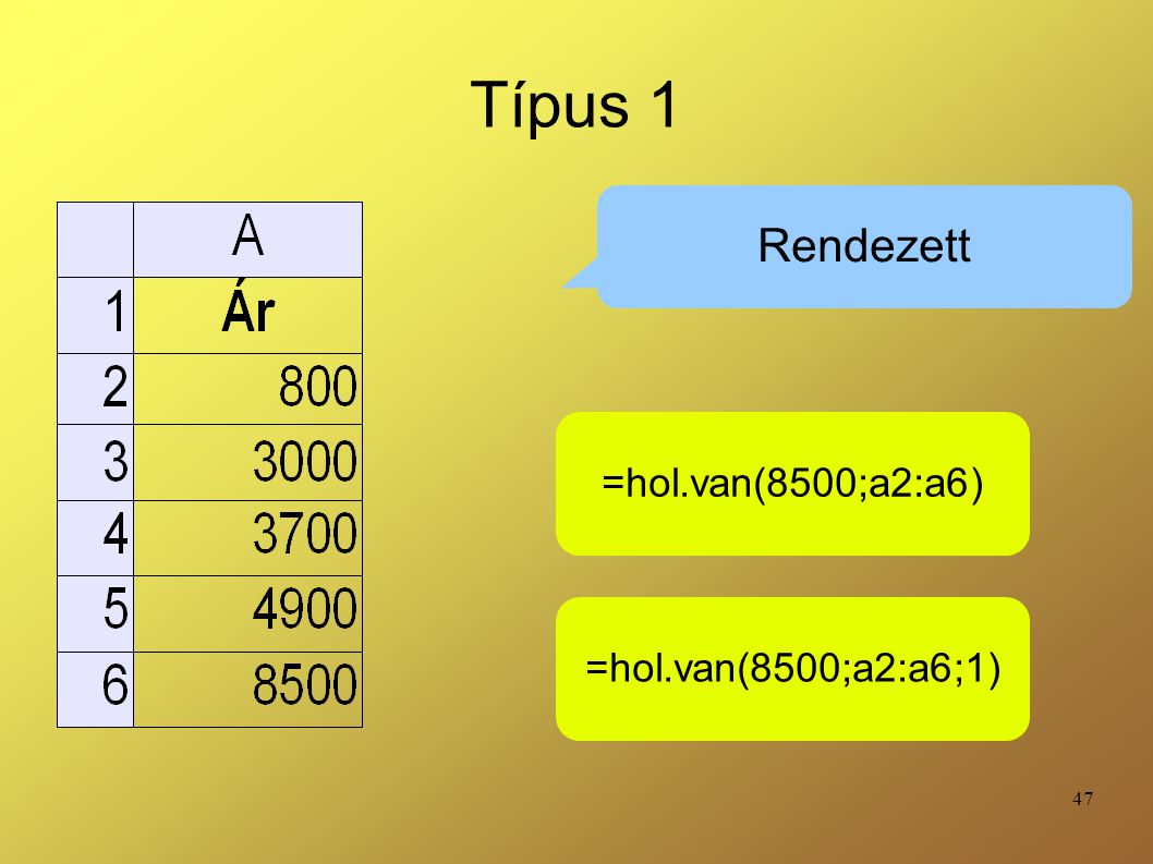 Típus 1 Rendezett =hol.van(8500;a2:a6) =hol.van(8500;a2:a6;1)