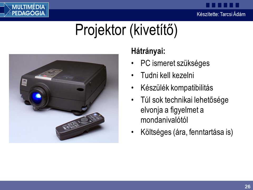 Projektor (kivetítő) Hátrányai: PC ismeret szükséges