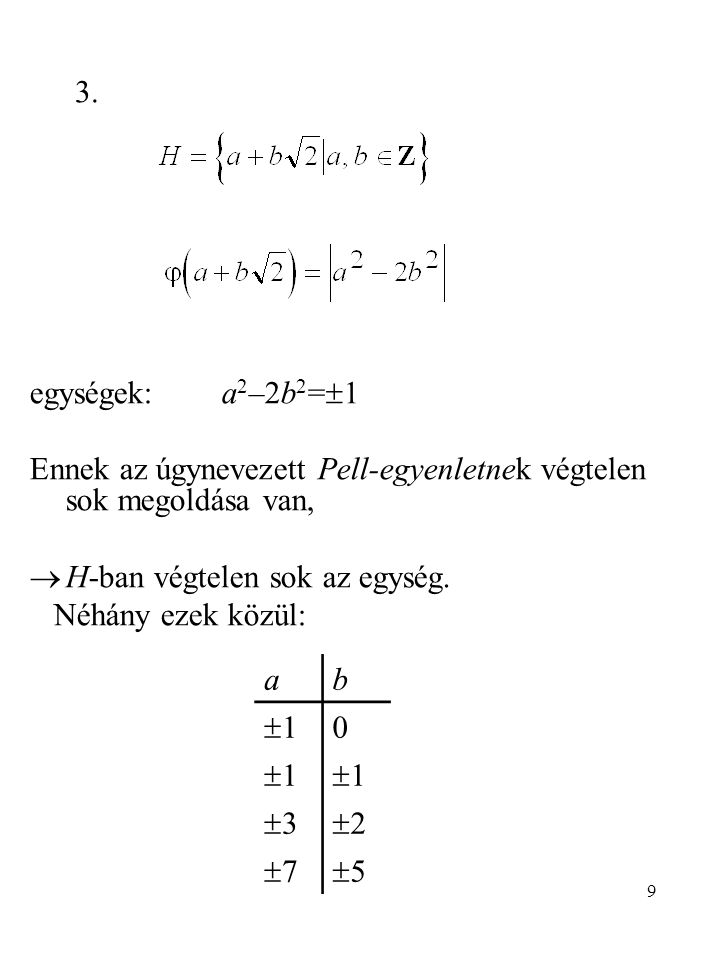 3. egységek: a2–2b2=1. Ennek az úgynevezett Pell-egyenletnek végtelen sok megoldása van, H-ban végtelen sok az egység.
