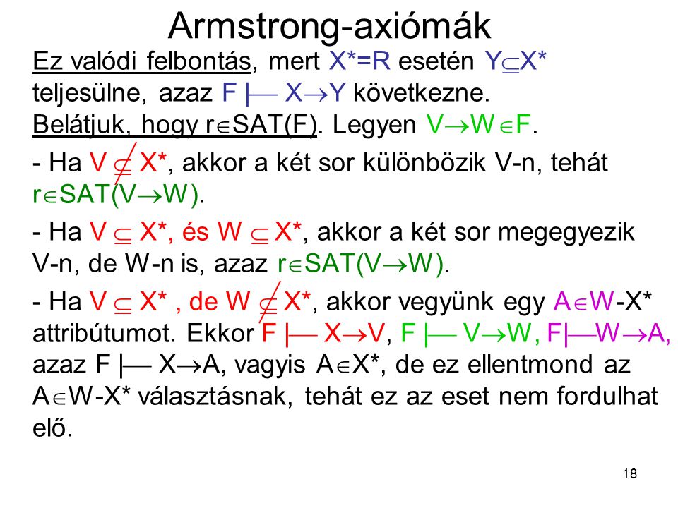 Armstrong-axiómák Ez valódi felbontás, mert X*=R esetén YX* teljesülne, azaz F| XY következne. Belátjuk, hogy rSAT(F). Legyen VWF.