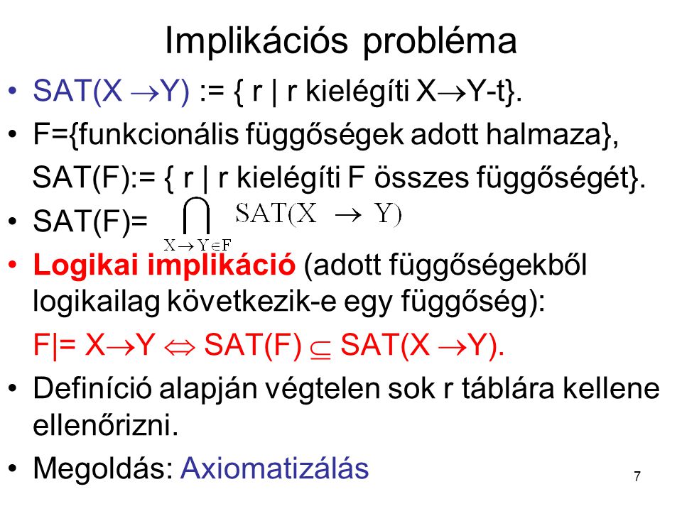 Implikációs probléma SAT(X Y) := { r | r kielégíti XY-t}.