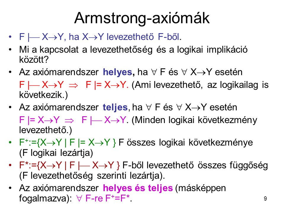 Armstrong-axiómák F| XY, ha XY levezethető F-ből.
