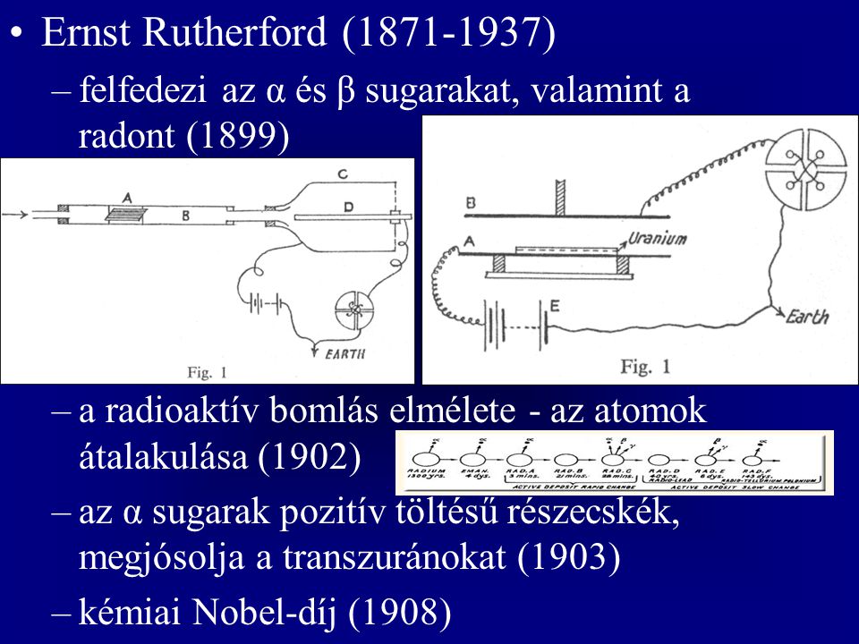Ernst Rutherford ( ) felfedezi az α és β sugarakat, valamint a radont (1899) a radioaktív bomlás elmélete - az atomok átalakulása (1902)