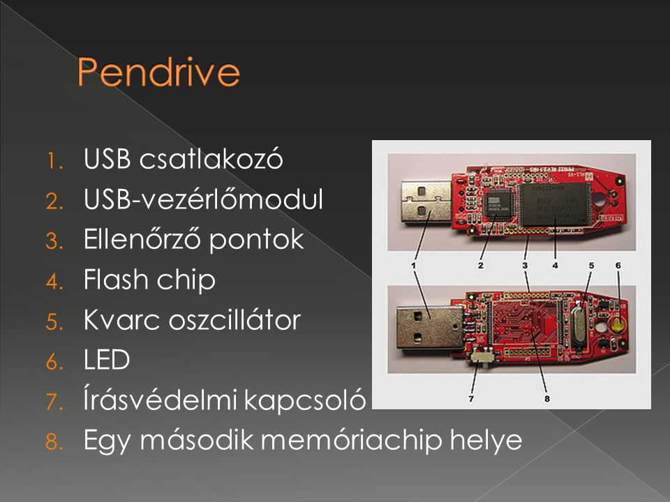 Pendrive USB csatlakozó USB-vezérlőmodul Ellenőrző pontok Flash chip