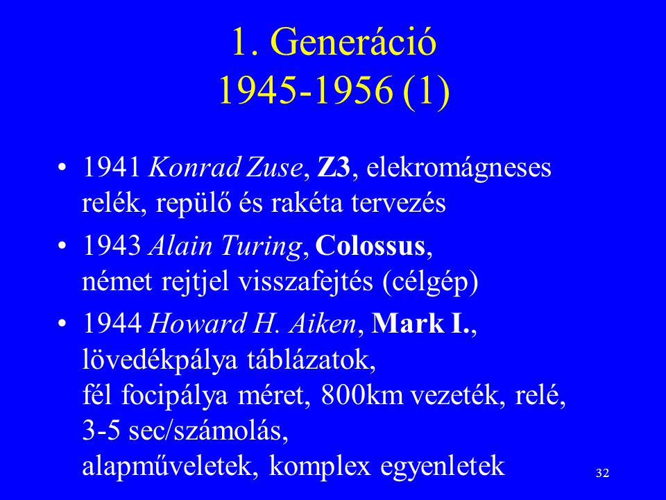 1. Generáció (1) 1941 Konrad Zuse, Z3, elekromágneses relék, repülő és rakéta tervezés.