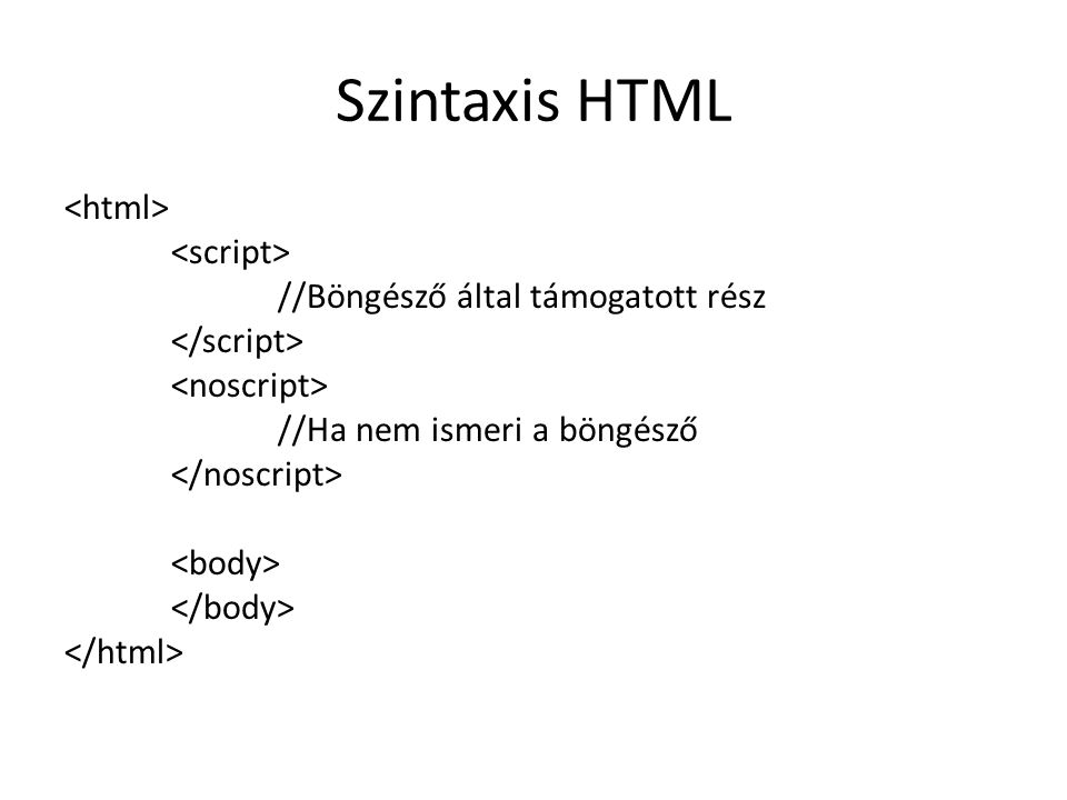 Szintaxis HTML <html> <script> //Böngésző által támogatott rész </script> <noscript> //Ha nem ismeri a böngésző </noscript> <body> </body> </html>