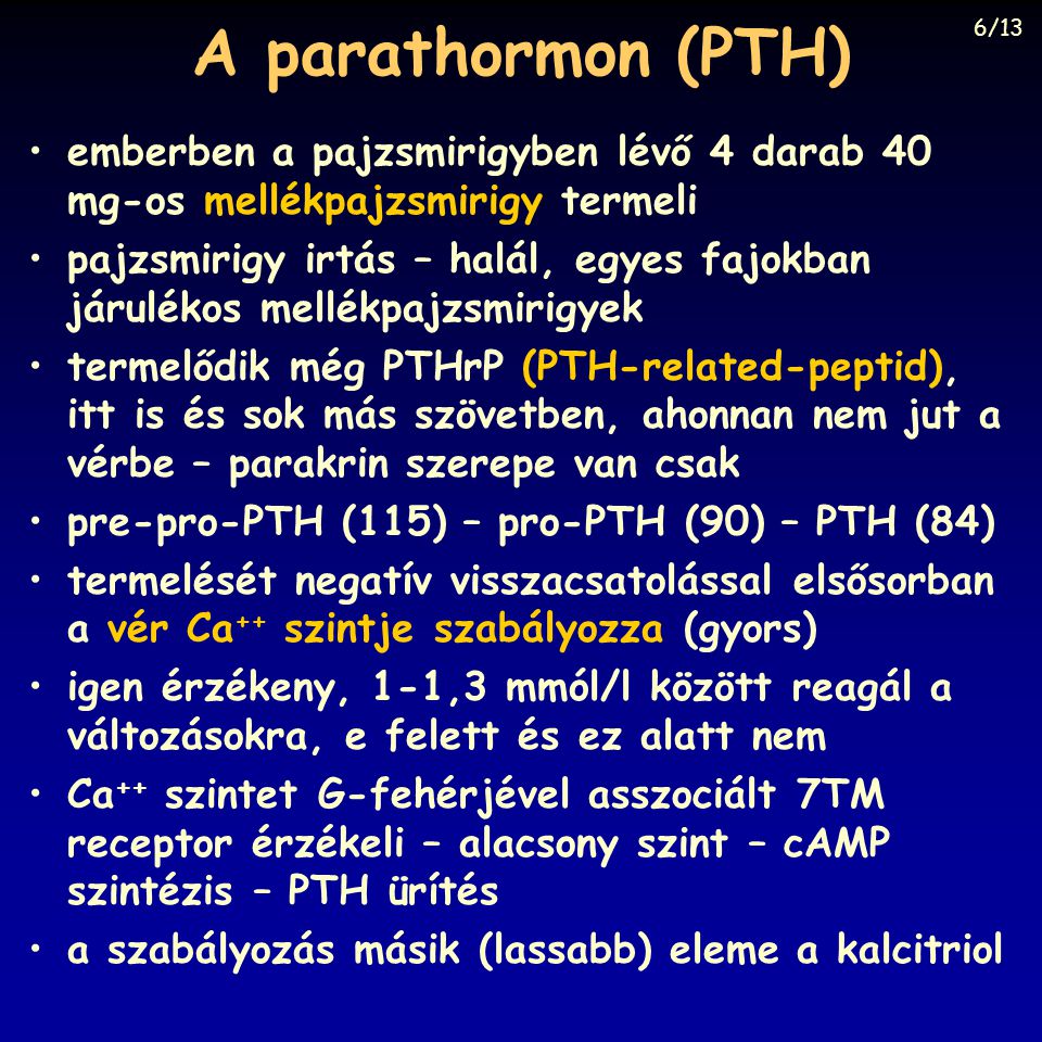 A parathormon (PTH) 6/13. emberben a pajzsmirigyben lévő 4 darab 40 mg-os mellékpajzsmirigy termeli.