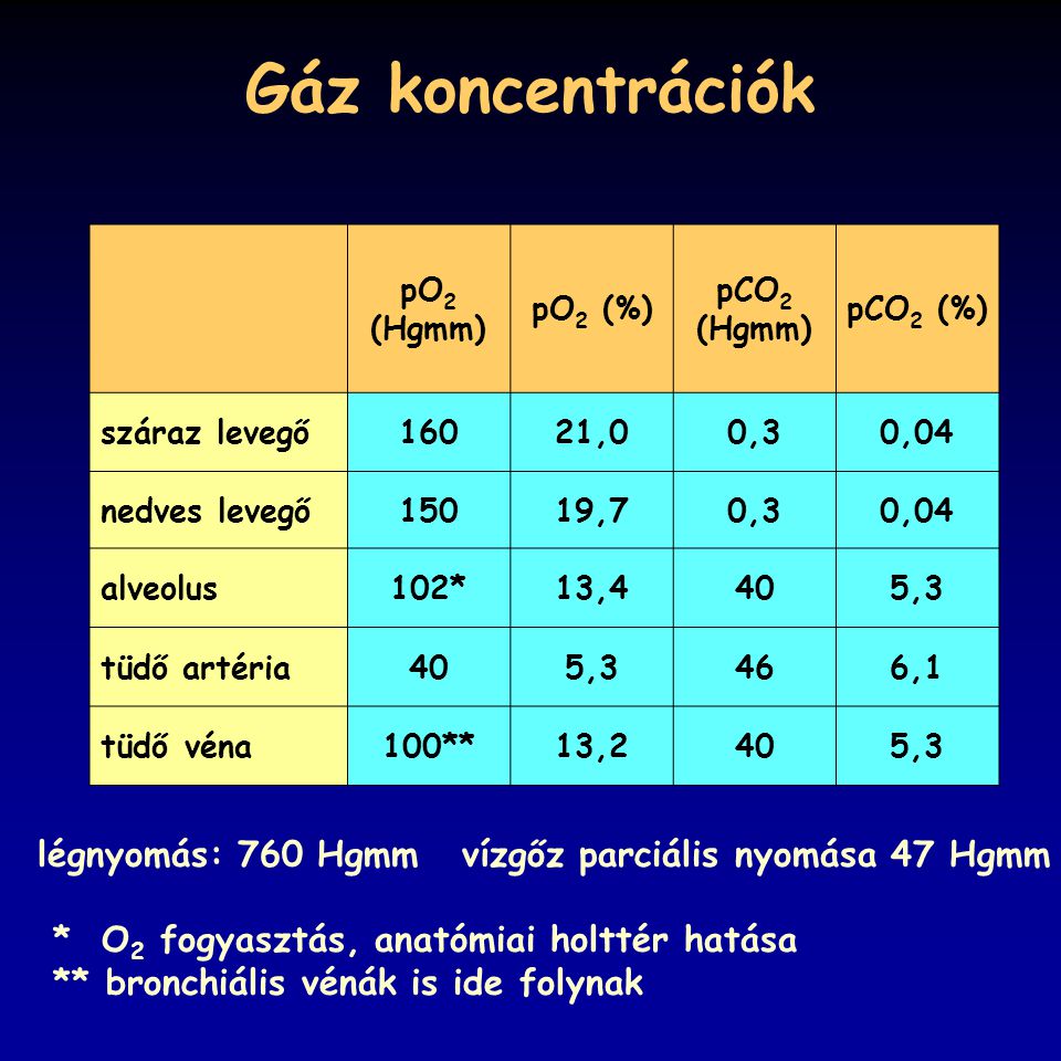 Gáz koncentrációk légnyomás: 760 Hgmm vízgőz parciális nyomása 47 Hgmm