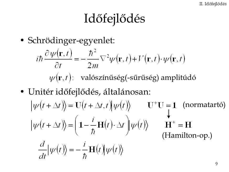 Időfejlődés Schrödinger-egyenlet: Unitér időfejlődés, általánosan: