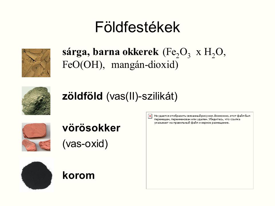 Földfestékek sárga, barna okkerek (Fe2O3 x H2O, FeO(OH), mangán-dioxid) zöldföld (vas(II)-szilikát)