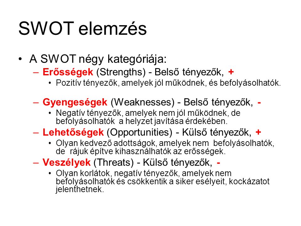 SWOT elemzés A SWOT négy kategóriája: