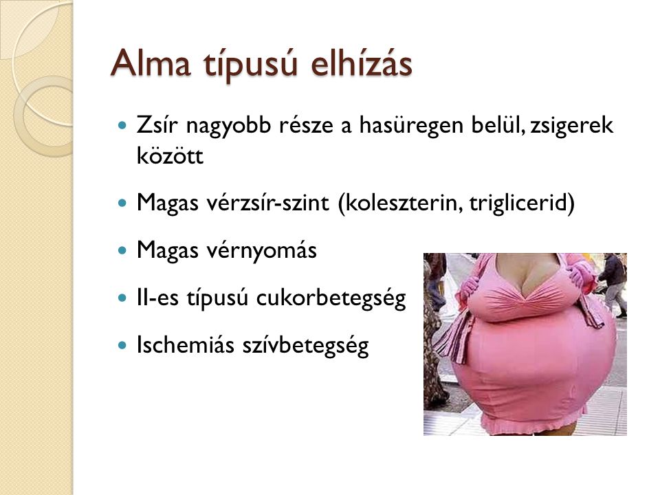 Alma típusú elhízás Zsír nagyobb része a hasüregen belül, zsigerek között. Magas vérzsír-szint (koleszterin, triglicerid)
