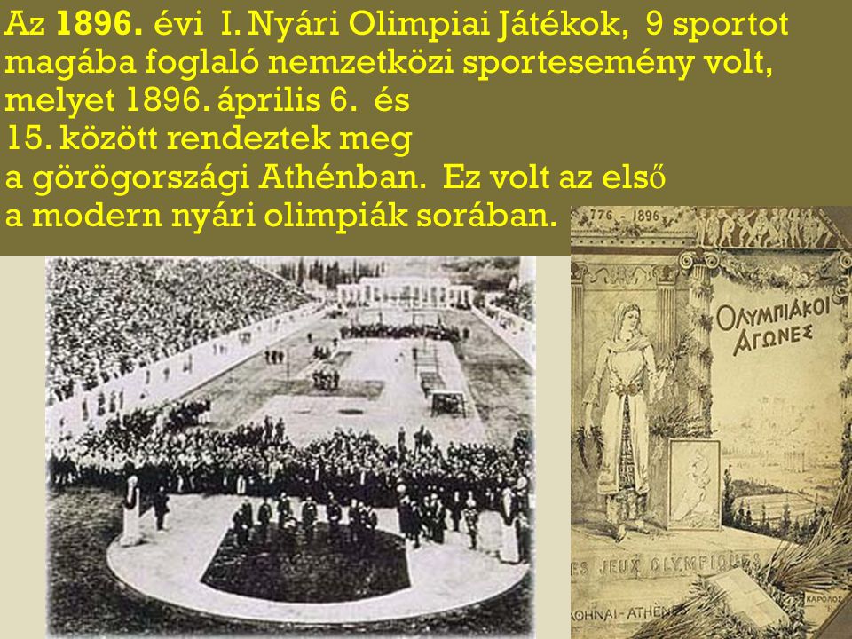 Az évi I. Nyári Olimpiai Játékok, 9 sportot magába foglaló nemzetközi sportesemény volt, melyet április 6. és