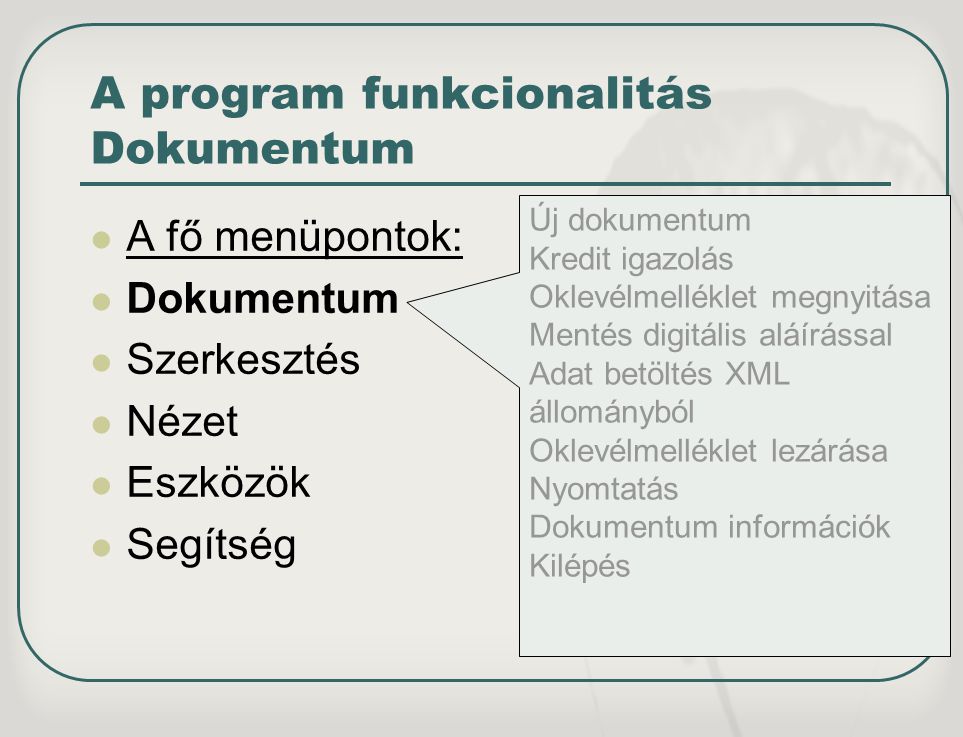 A program funkcionalitás Dokumentum