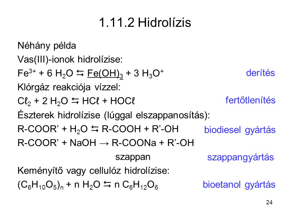 Hidrolízis Néhány példa Vas(III)-ionok hidrolízise: