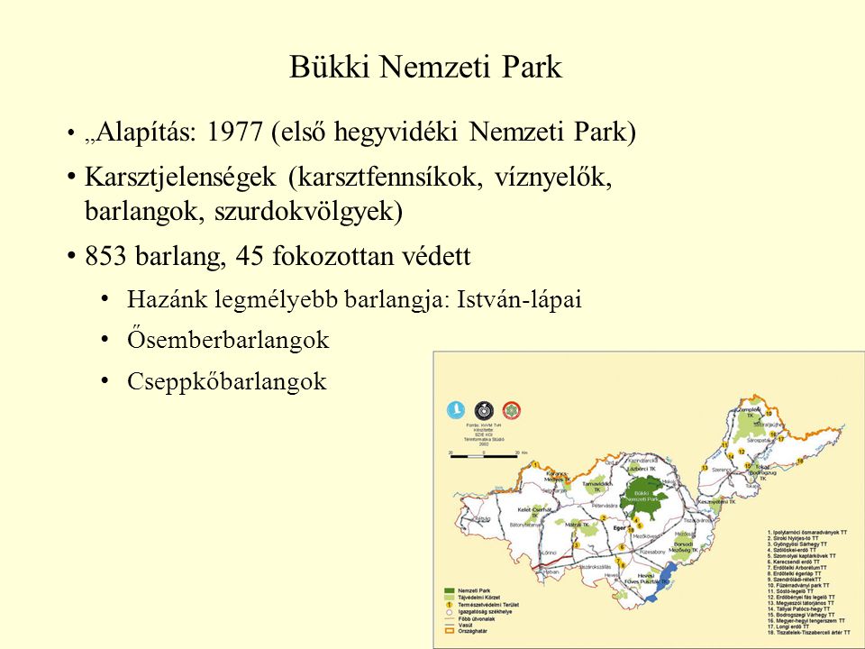 Bükki Nemzeti Park „Alapítás: 1977 (első hegyvidéki Nemzeti Park) Karsztjelenségek (karsztfennsíkok, víznyelők, barlangok, szurdokvölgyek)