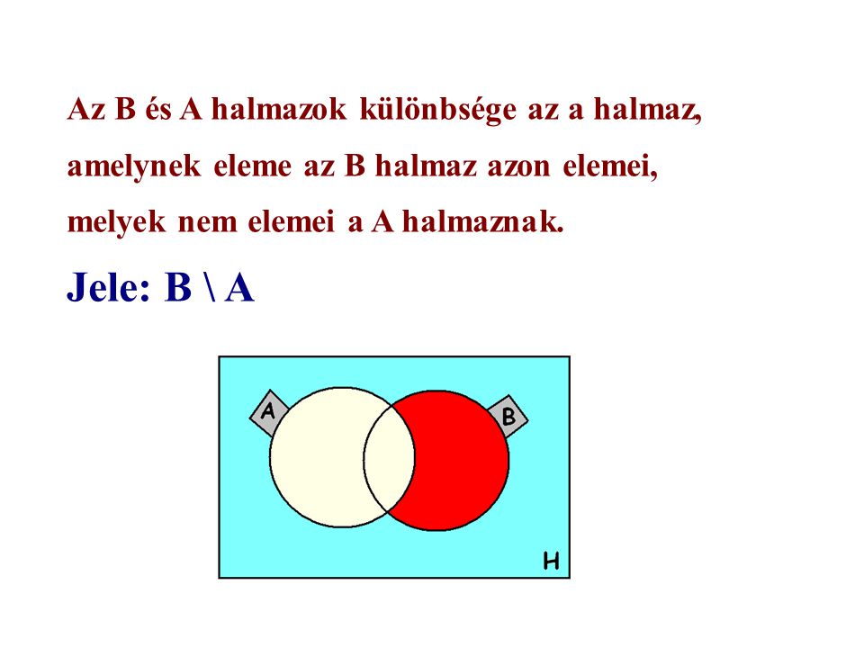 Az B és A halmazok különbsége az a halmaz, amelynek eleme az B halmaz azon elemei, melyek nem elemei a A halmaznak.