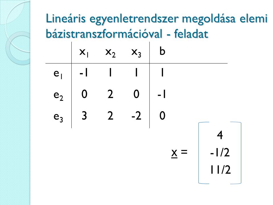 Lineáris egyenletrendszer megoldása elemi bázistranszformációval - feladat