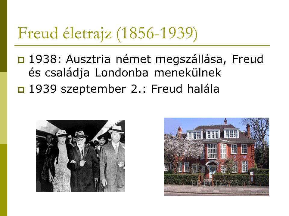 Freud életrajz ( ) 1938: Ausztria német megszállása, Freud és családja Londonba menekülnek.