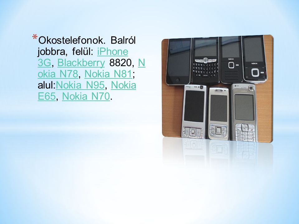 Okostelefonok. Balról jobbra, felül: iPhone 3G, Blackberry 8820, N okia N78, Nokia N81; alul:Nokia N95, Nokia E65, Nokia N70.