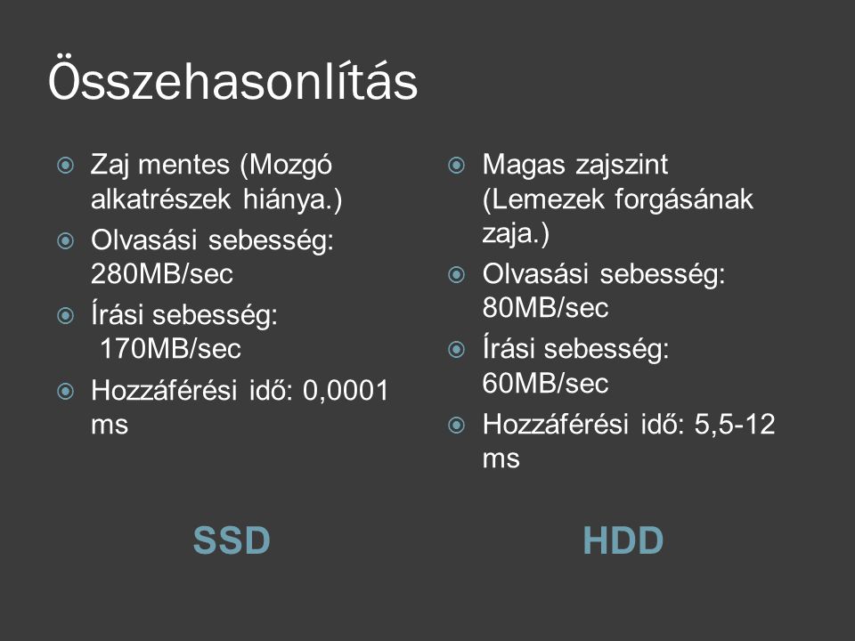 Összehasonlítás SSD HDD Zaj mentes (Mozgó alkatrészek hiánya.)