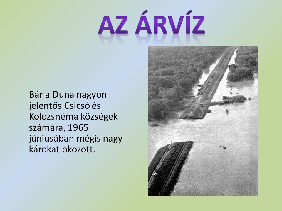 Az Árvíz Bár a Duna nagyon jelentős Csicsó és Kolozsnéma községek számára, 1965 júniusában mégis nagy károkat okozott.