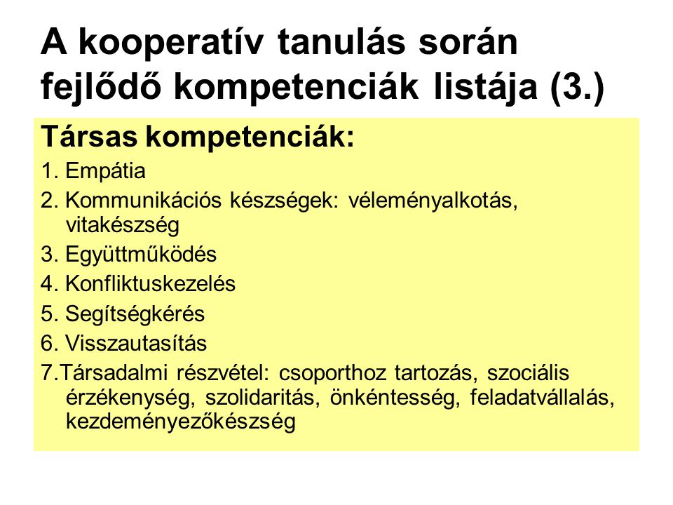 A kooperatív tanulás során fejlődő kompetenciák listája (3.)