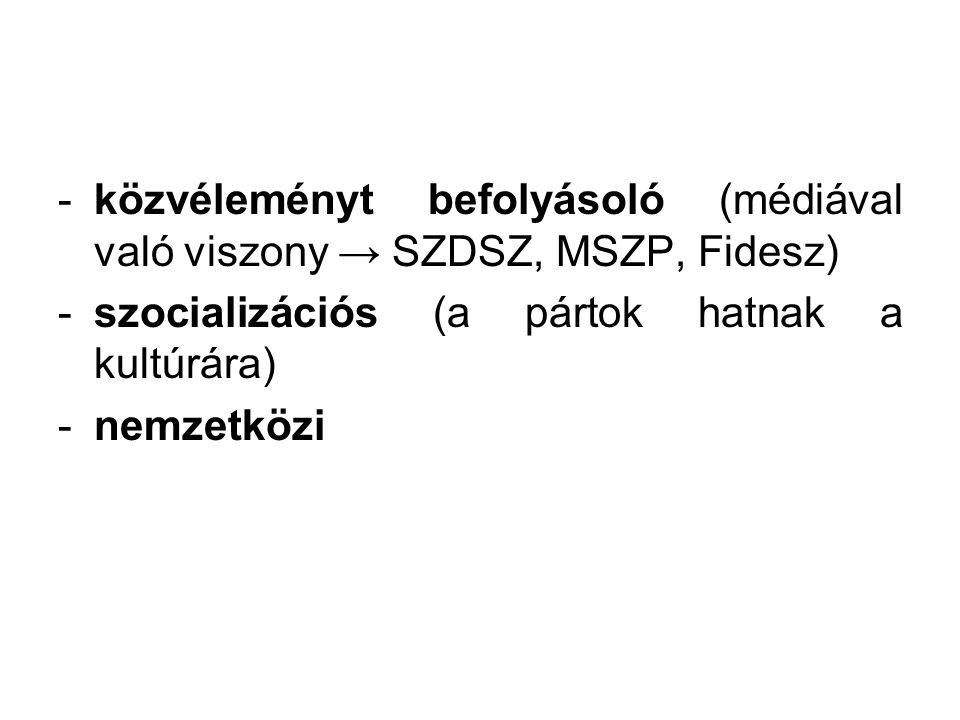 közvéleményt befolyásoló (médiával való viszony → SZDSZ, MSZP, Fidesz)